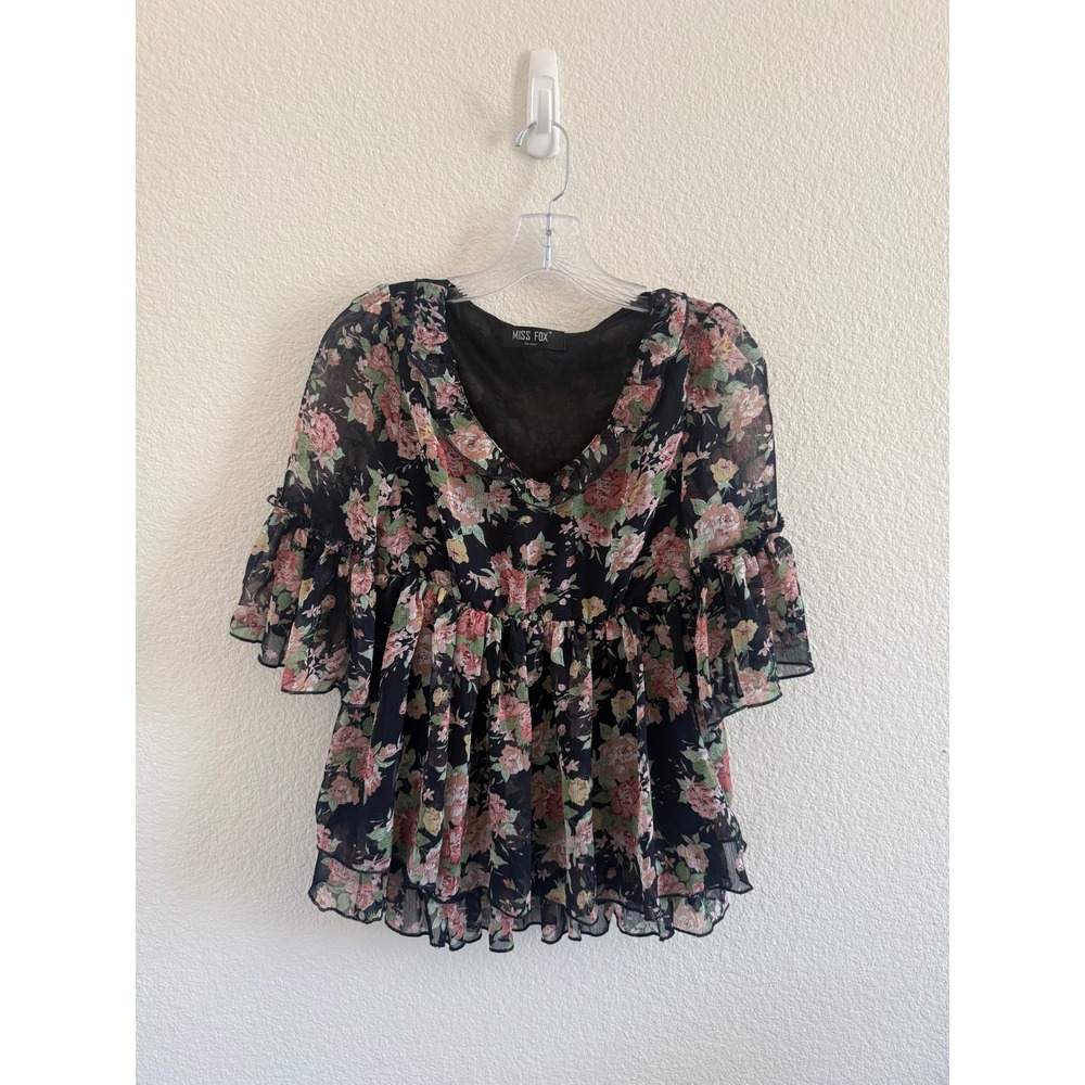 Miss Fox Delight Floral Babydoll Top Ruffle V-Neck Tiered Bell Sleeve Blouse
